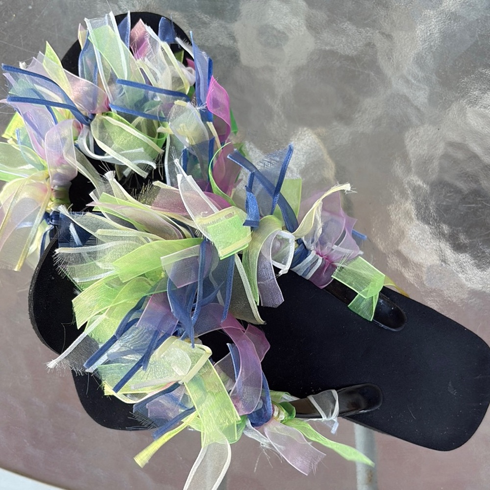 Ribbon decorated thong flip-flops, size 7 1/2 to 8, pastel colors $9